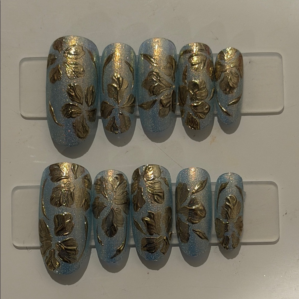 Blue Glitter Press-On Nails with Gold Floral Design